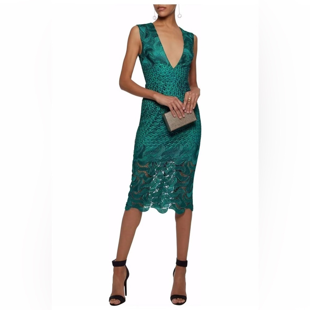 NWT Nicholas Leaf lace GUIPURE MIDI deep v neck lace dress Cocktail Green sz 6